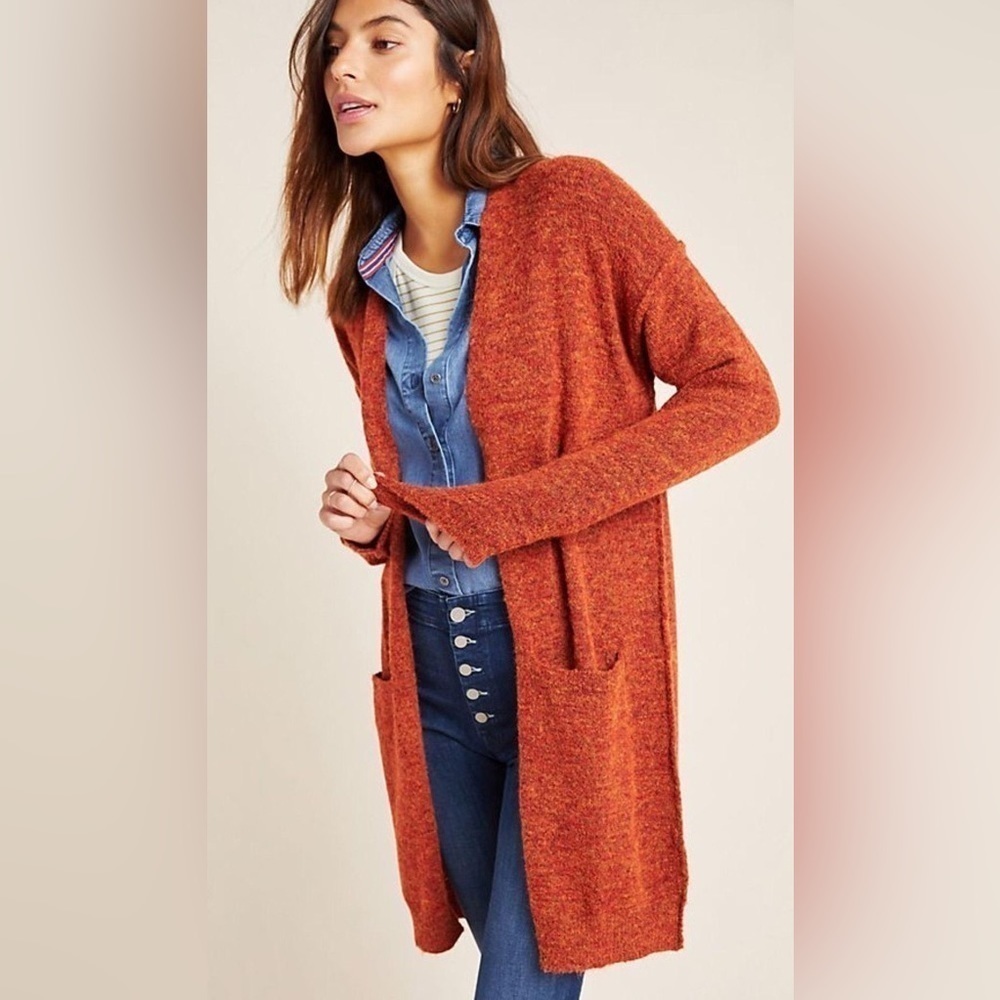 By Anthropologie Jolie Burnt Orange Marled Soft Long Open Cardigan Size XS S
